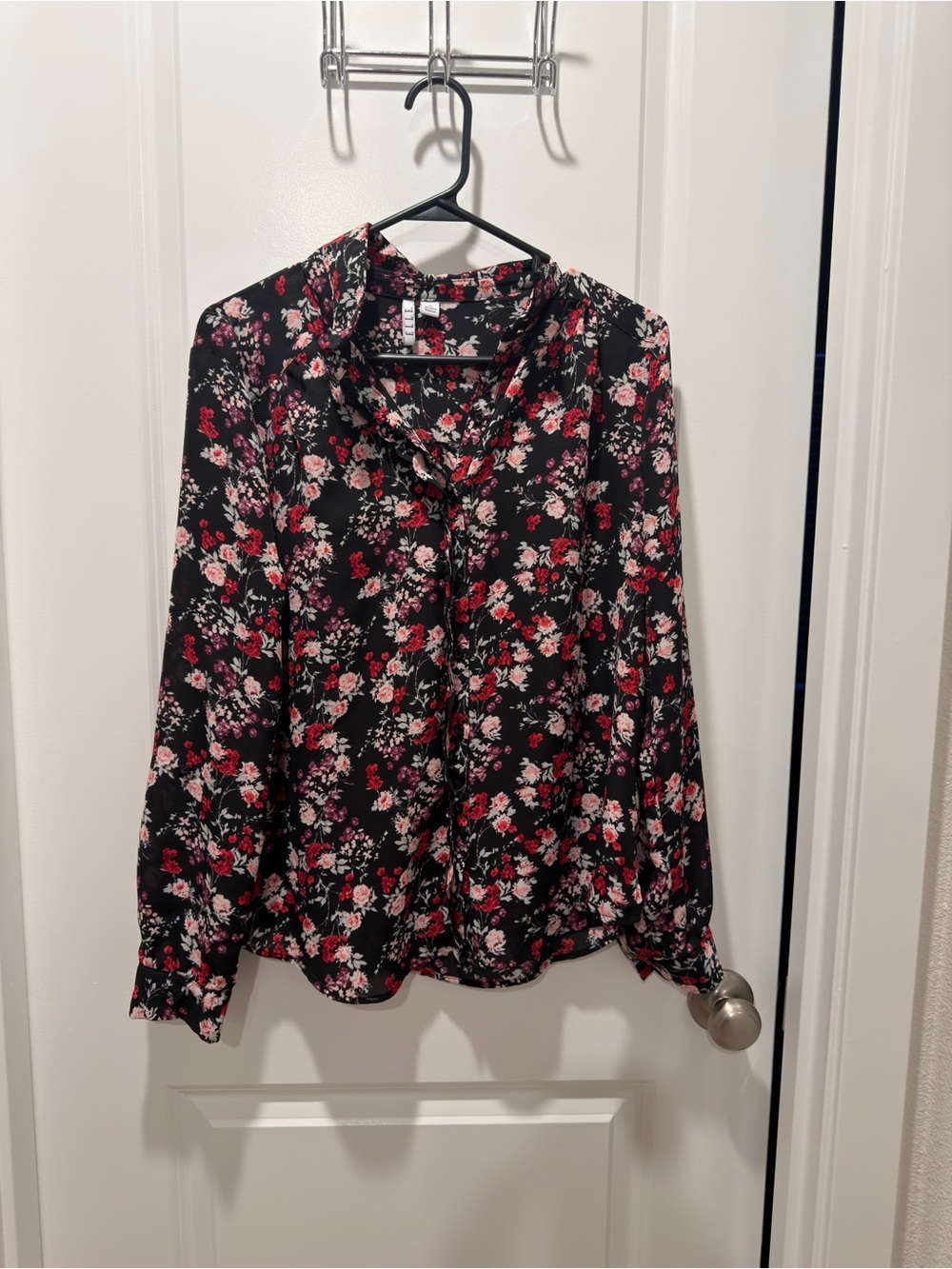 Elle Black Floral Blouse with Pink & Red Blooms